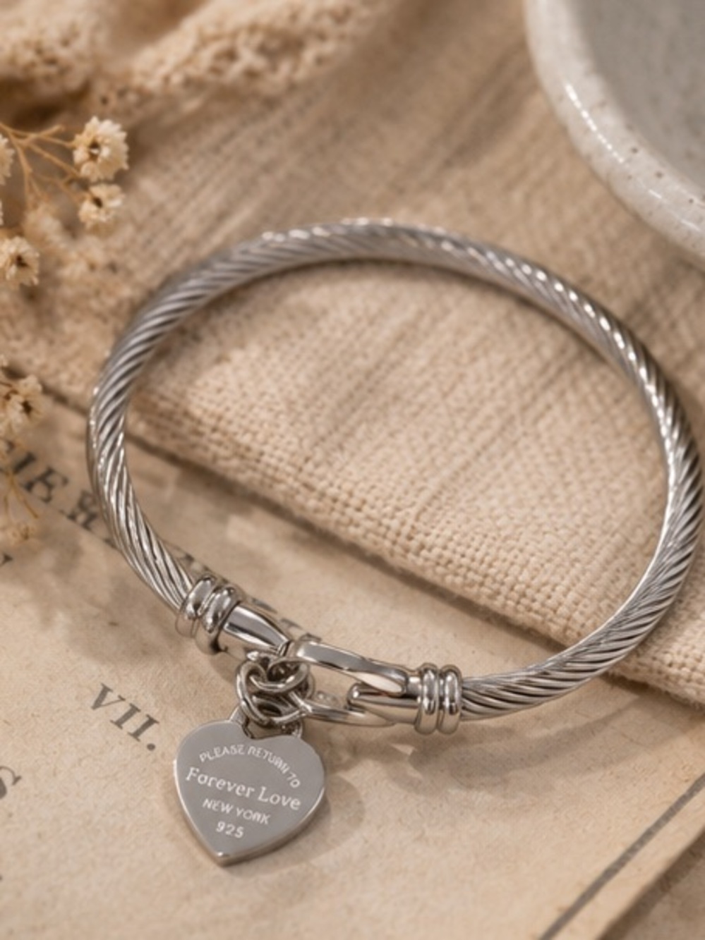 Designer Inspired Forever Love Sterling Silver Heart Charm Cable Bracelet